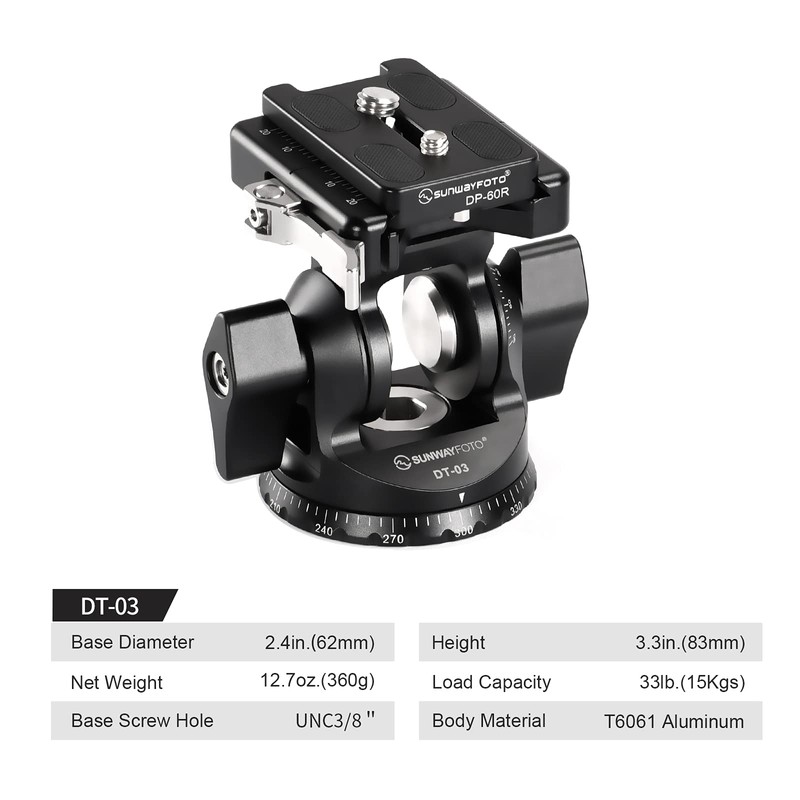 SUNWAYFOTO DT-03 Tilt Head for Monopod and Tripod 33lbs Load