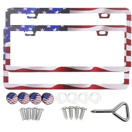 American Flag License Plate Frame Holder - 2 Pack Universal Matte Stripe US Flag Patriotic Stainless Steel Car Plate Frame Covers with Screws Fasteners Caps (Gunmetal)