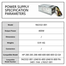 942332-001 400W Power Supply Compatible with HP 280 285 288 480 600 680 800 G3 G4 Power Supply L04618-400 L04618-800 942332-001 PA-3401-1HA PA-3401-2HA