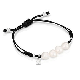 TOUS Pulsera de Cuerda Negra y Perlas para Mujer con Motivo Oso en Plata de Primera Ley, 16 cm de Largo, Original y Atrevida, Colección Pearls