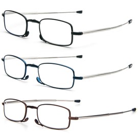 REAVEE 3 Pack Folding Reading Glasses with Keychain Compact Bags for Women Men, Blue Light Blocking Spring Hinge Portable Pocket Readers, Black Brown and Blue 1.5