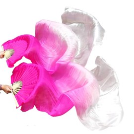 SNOWAQUA Belly Dance Faux Silk Veil Fans, 1 Pair (Left+Right) Faux Silk Bamboo Long Fans Veils, Handmade Belly Dance Dancing Silk Fans, Dance Performance (Style14, 35.4 * 70.8'')