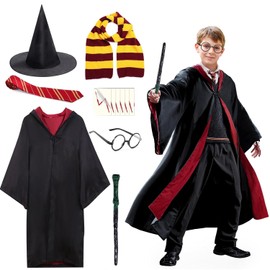 7 Pcs Juego De Accesorios De Disfraz De Mago Disfraces De Halloween Cosplay Capa Negra Con Sombrero Y Corbata, Bufanda, Pegatinas, Varita Mágica Y Gafas, Disfraces De Navidad (185CM)