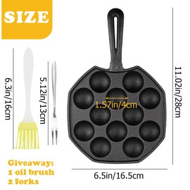 DOERDO Takoyaki Maker 12 Holes Takoyaki Pan Cast Iron Octopus Meat Ball Mold Nonstick Baking Tray for Octopus Balls, Brush and 2 Forks