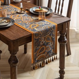 Luxury Vintage Coffee Brown Floral Table Runner 82.6in Long - Embroidery Jacquard Fabric with Multi-Tassels, Dining Room Dresser Decor for Wedding Holiday Party Fireplace (Cashew Nuts, 13.7"x82.6")