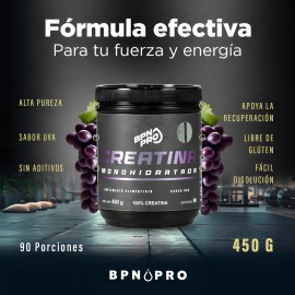 Creatina En Polvo Monohidratada Pura Sabor Uva BPN PRO 450g | Potencia Entrenamientos, Resistencia y Masa Muscular 90 Servicios Recomendado Para Gimnasio, Fuerza, Pre Entreno y Post Entreno