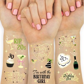 xo, Fetti 30th Birthday Temporary Tattoos - 50 Gold Foil Pcs | Birthday Cocktail Accessory, Dirty Thirty Olive Party Favor, Cute RIP to My 20s Bday Activity