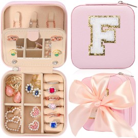 CHMI Travel Jewelry Case, Pink Travel Jewelry Box, Travel Jewelry Organizer, Travel Gifts for Women Girls, Jewelry Organizer Box, Birthday Gifts for Women, Christmas Gifts for Teens Girls - Initial F