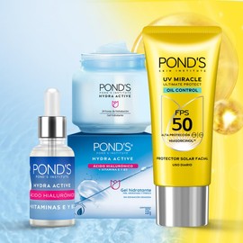 Ponds Kit Hidratación Ácido Hial. y Protección Solar, 3pzas Gel  Sérum  Protector Solar Facial Oil Control                                            
