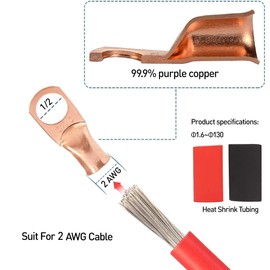 12PCS 2/0x3/8 Copper Ring Terminal Connectors 2/0 AWG Heavy Duty Battery Cable Ends Bare Copper Lugs with 12 PCS 3:1 Heat Shrink Tubing for Vehicle Boat Marine Use