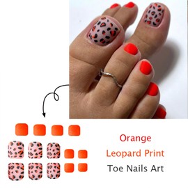 Leopard Print Press on Toenails Orange Solid Color Fake Toenails Short Square Toe Nails Matte Full Cover Toe Nails for Women