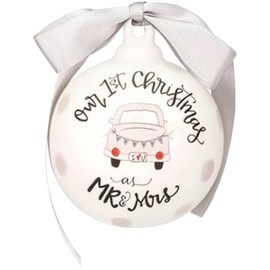First Christmas as Mr & Mrs Ornament – Newlywed Keepsake, Ceramic Wedding Gift for Couples, Our 1st Christmas Married Ornament with Ribbon, Holiday Tree Decoration, Car Design