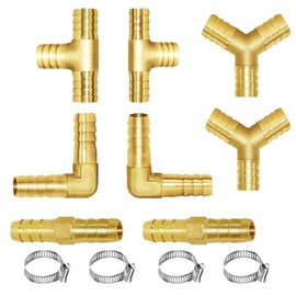 Joywayus 8PCS 1/4" Brass Hose Barb Set, 90 Degree L Right Angle Elbow, Y-Shape Air Hose Connector, Tee Hose Connector, Fuel/AIR/Water/Oil/Gas