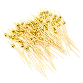 Honbay 100PCS Gold Beads Bamboo Cocktail Picks Fruit Food Hamburger Toothpicks Cupcake Toppers Sandwich Appetizer Decorative Skewers Drink Garnish Holiday Birthday Party Decoration Sticks