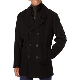 Andrew Marc Men's Burnett Melton Wool Pea Coat Jacket, Black, Small