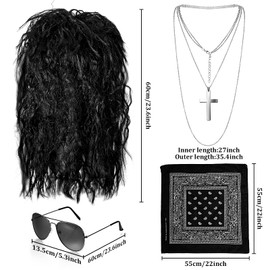 Janinka 4 Pieces 80s Rocker Wig Costume Men Women Accessories, 80s Rocker Headband Sunglasses Necklace Set for 80s Punk Party Cosplay (Black)