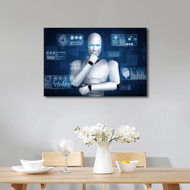 TUMOVO 1 Pieces Wall Art Decorations Robot in Concept Wall Decor for Future Artificial Intelligence Thinking Picture for Home Office Decor AI Robotics Decor Artwork Ready to Hang (16" Wx24 H)