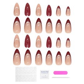 24PCS False Nails, Red Glitter Press on Nails and Almond Medium Long, French Red Glitter False Nails Glossy Removable Fake Nails with Glue, Full Cover Nail Tips Nail Design for Women Girls