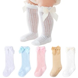 ZUIMEIHQH 5 Pack Baby Girl Knee High Socks, Cotton Breathable Mesh Toddler Socks, Big Bow Ballet Sock for Girls Newborn Kids (UK, Age, 12 Months, 18 Months, Multicolor)