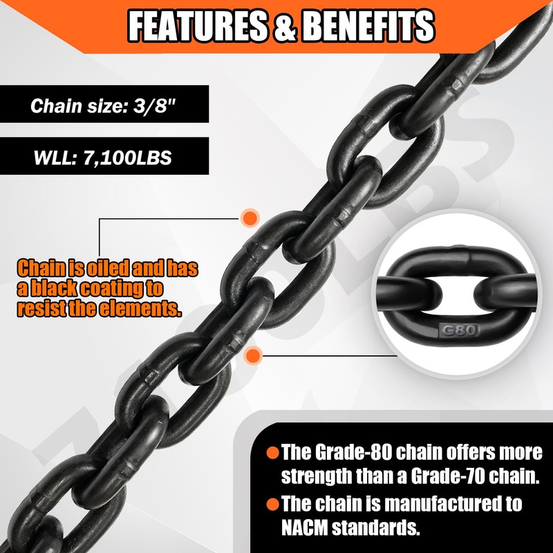 YATOINTO Grade 80 Log Chain 3/8'' X 14 Feet with