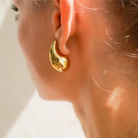 Chunky Gold Hoop Earrings for Women 14K Gold Plated/Silver Teardrop Dangle Earrings Fashion Trendy Hollow Hypoallergenic Jewelry(Gold)