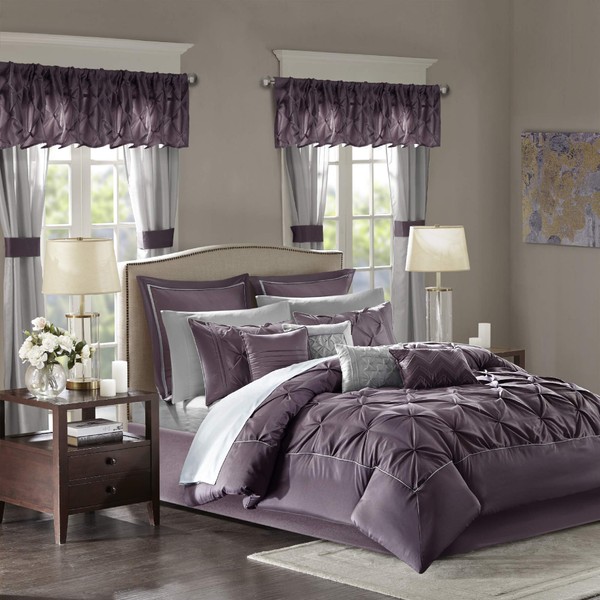 Madison Park Essentials Queen Comforter Set, 24 Piece Bedding With Matching Curtains, Decorative Pillows, Luxe Diamond Tufting , Room in a Bag Joella Collection, Plum Queen