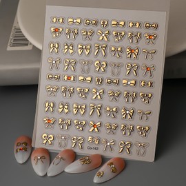 Gold 5D Embossed Nail Art Stickers Decals Bow Nail Stickers for Artificial Nail Art Golden Bowknot Design Self-Adhesive Different Gold Bow Manicure Decorations for Women Nails Supplies