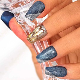 Sethexy Blue Cat Eye Handmade Fake Nail Rhinestone Medium Coffin False Nails Acrylic Natural Glossy Press on Nails Salon for Women and Girls 10PCS (A)