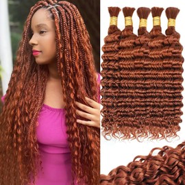 Dark Ginger Human Braiding Hair for Boho Braids 160g 5 Bundles/Pack 18 Inch Curly Boho Hair for Braiding Knotless 12A Deep Wave Bulk Bohemian Color 350
