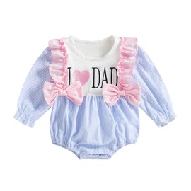 Baby Girl Mothers Day Outfit Love Mom/Dad Embroidery Ruffle Long Sleeve Smocked Bubble Romper Newborn Spring Clothes (Blue, 0-3 Months)