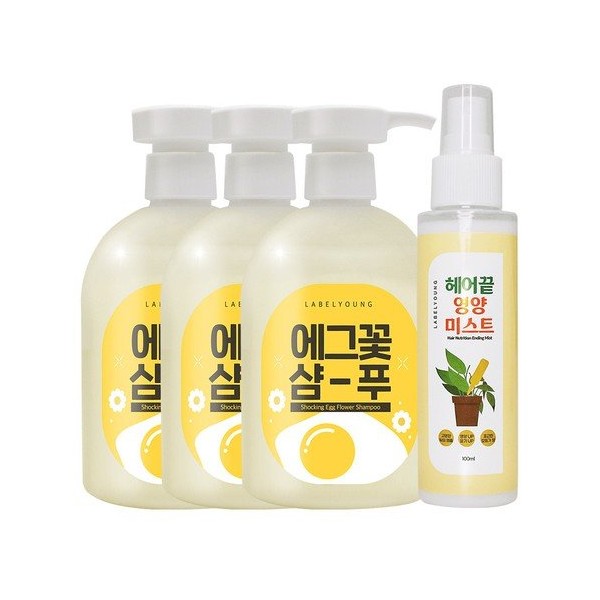 Label Young Shocking Egg Flower Shampoo 3pcs + Shocking Hair Tips Nutritional Mist 1pc, None