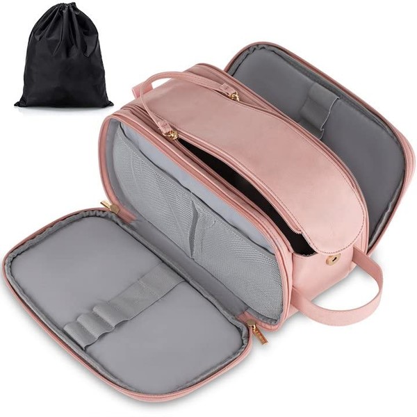 Water-Resistant Leather Toiletry Bag for Men, Women Large Travel Wash Bag Shaving Dopp Kit Bathroom Gym Toiletries Makeup Organizer with Free Wet Dry Bag (Pink)