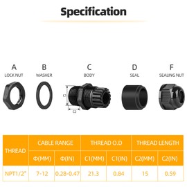 Oualhoo 1/2" NPT Nylon Cable Connector, Strain Relief Cord Connector, IP68 Waterproof Adjustable Locknut, Wire Pass Through Grip, Black, 10 PCS