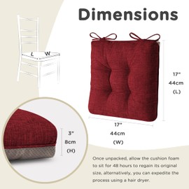 AddGrace Chair Cushions for Dining Chairs Set of 4 Large Kitchen Chair Cushions with Non-Slip Backing and Ties Square Textured Chair Pads for Dining Chairs 17" x 17" Burgundy Red