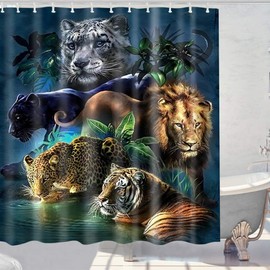 Wild Animal Shower Curtain Lion Tiger Leopard Panther Theme Cloth Fabric Bathroom Decor Sets with Hooks Waterproof Washable Green Orange and Black (70W×70L)