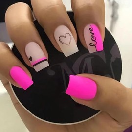 Valentine's Day Press on Nails Medium Square Fake Nails Rose Pink False Nails with Love Heart Designs Heart Glue on Nails Nude Stick on Nails Cute Acrylic Nails Full Cover Matte Artificial Nails