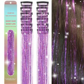 MISSUHUI Hair Tinsel 12 Pcs Hair Tinsel Clip in Glitter Tinsel Hair Extensions 23.6Inch Purple Clip in Hair Tinsel Kit Sparkling Fairy Hair Accessories for Girls Women Kids (Purple)