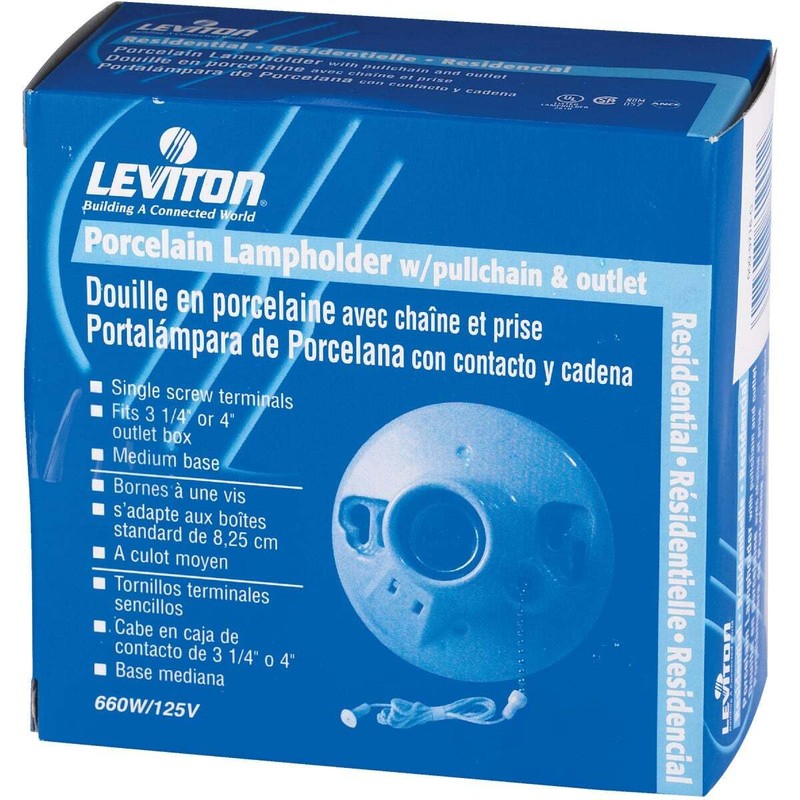 Leviton One-Piece Glazed Porcelain Outlet Box Mount, Incandescent Lampholder, Pull