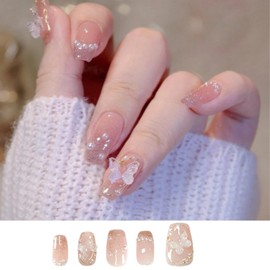 Press stud short square false nails with pearl and glitter design, full coverage acrylic false nails, artist hand painted art (colour A, S)