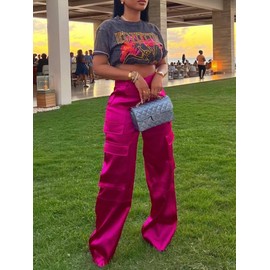 Baczoe Black Faux Leather Cargo Pants Women Metallic Satin Multi Pockets Baggy Loose Wide Leg Pants (Hot Pink, 2XL)