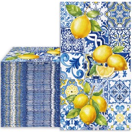 80Pcs Tiles Lemons Paper Guest Napkins Blue Yellow 3 Ply Disposable Napkins Dinner Hand Napkin Towel for Party Supplies Table Decor