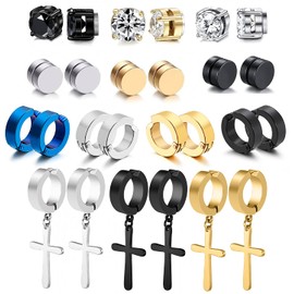 WAINIS 13 Pairs Stainless Steel Non Pierced Magnetic Earrings for Men Women CZ Clip on Dangle Magnet Earrings Set