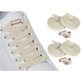 ELANOX 8 mm Wide Elastic Shoelaces, Pack of 4 for 2 Pairs of Shoes, with Metal Capsules, Shoe Laces without Ties, Quick Release, Rubber Shoelaces, for Adults & Children, beige
