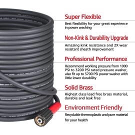 YAMATIC Super Flexible Pressure Washer Hose 50FT 1/4", Kink Resistant Power W...