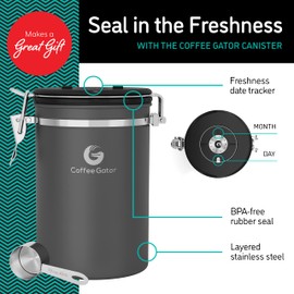 Coffee Gator Stainless Steel Coffee Grounds and Beans Container Canister with Date-Tracker, CO2-Release Valve and Measuring Scoop - Medium, 16 oz, Black