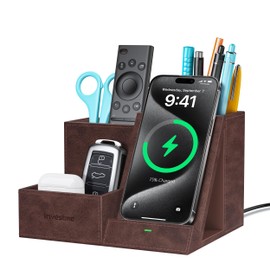 Investme Wireless Charger with Desk Organizer, Pen Pencil Holder, Multifunctional Desktop Organizer, Office Supplies and Desk Accessories Organizer with 3 Compartments and 1 Phone Stand, Dark Brown
