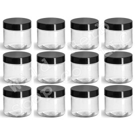 Wild Herb Soap Co. LLC 12 Clear Plastic 2 oz Empty Jars + Lids | Black Lined Caps | Bath Body Container