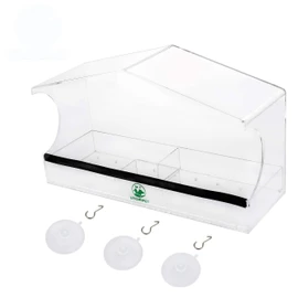 Large Premium Window Bird Feeder-3 Heavy Duty Strong Suction Cups Hooks Drain Hole Removable Tray Perch Sliding Feed 100% Clear Acrylic- Easy to Clean Great Gift for All Weather.