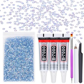 3000Pcs AB Flatback Rhinestones for Crafts with B7000 Adhesive Glue, 5mm Rhinestone Gems, Rhinestone Glue, Dotting Tools, Picker Pens & Tweezer for Crafts Clothes Shoes Nail Art(Light Blue AB)