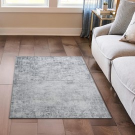 Wyatt & Ash Blue Hazen Abstract Imagine Printed Chenille 3' x 5' Non Skid & Machine Washable Accent Rug